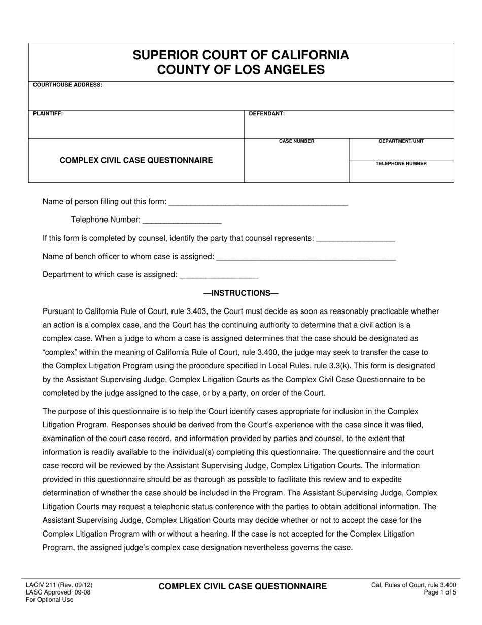 Form LACIV211 Complex Civil Case Questionnaire - California, Page 1