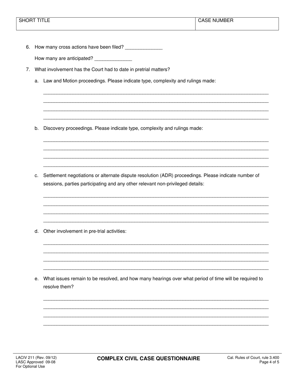 Form LACIV211 Complex Civil Case Questionnaire - California, Page 4