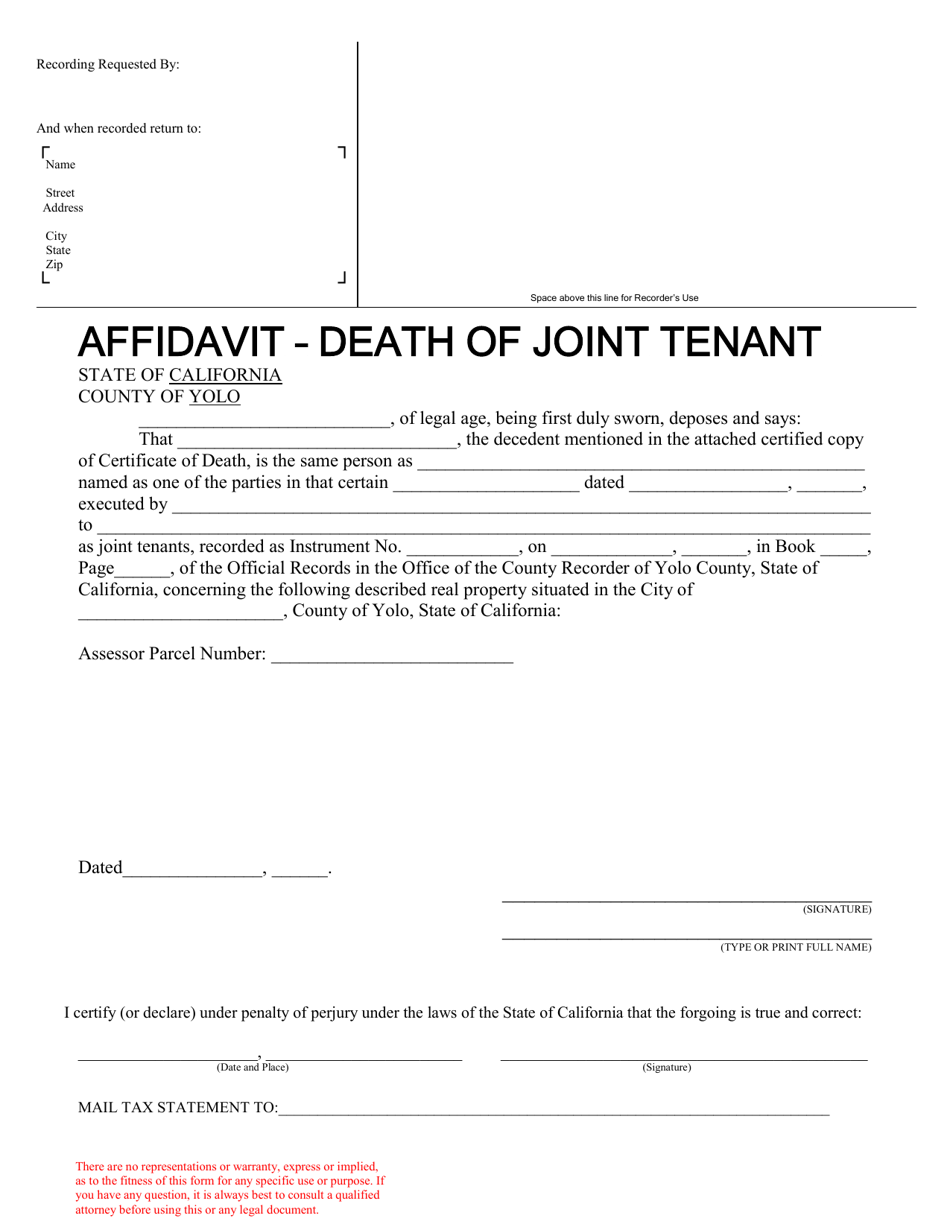 Affidavit - Death of Joint Tenant - Yolo County, California, Page 1
