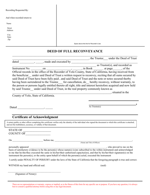Deed of Full Reconveyance - County of Yolo, California Download Pdf