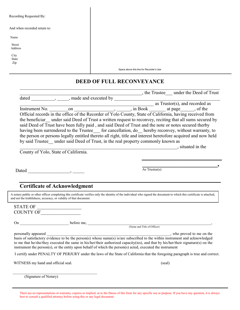 Deed of Full Reconveyance - County of Yolo, California, Page 1