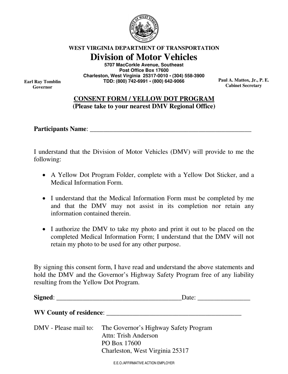 Consent Form - Yellow Dot Program - West Virginia, Page 1
