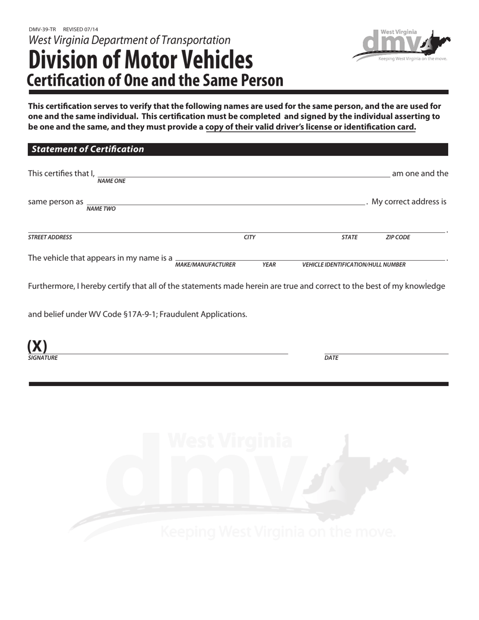 Form DMV-39-TR Certification of One and the Same Person - West Virginia, Page 1