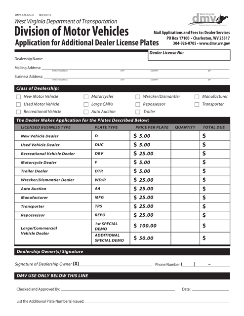 Form DMV-126-DS-O Application for Additional Dealer License Plates - West Virginia