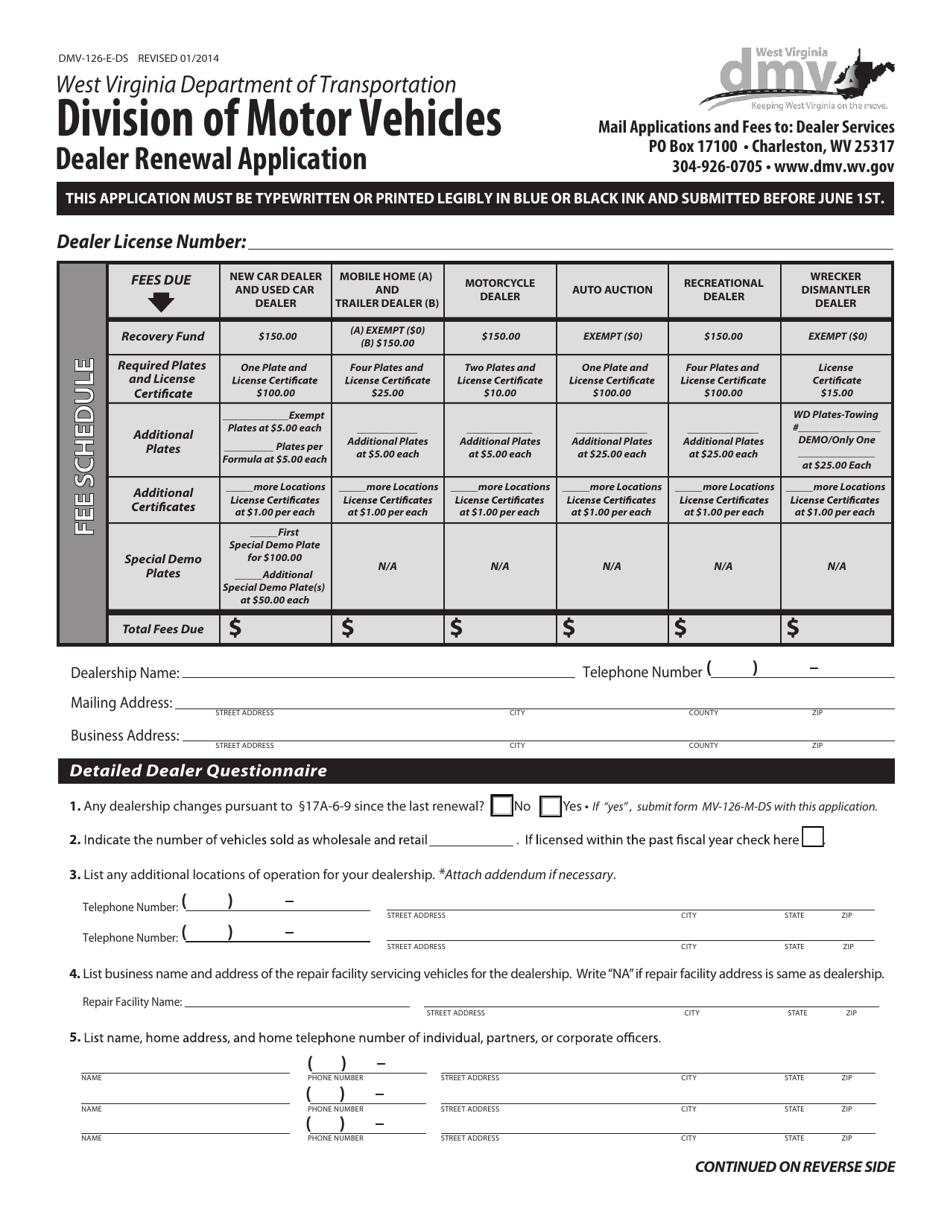 Form DMV-126-E-DS Dealer Renewal Application - West Virginia, Page 1