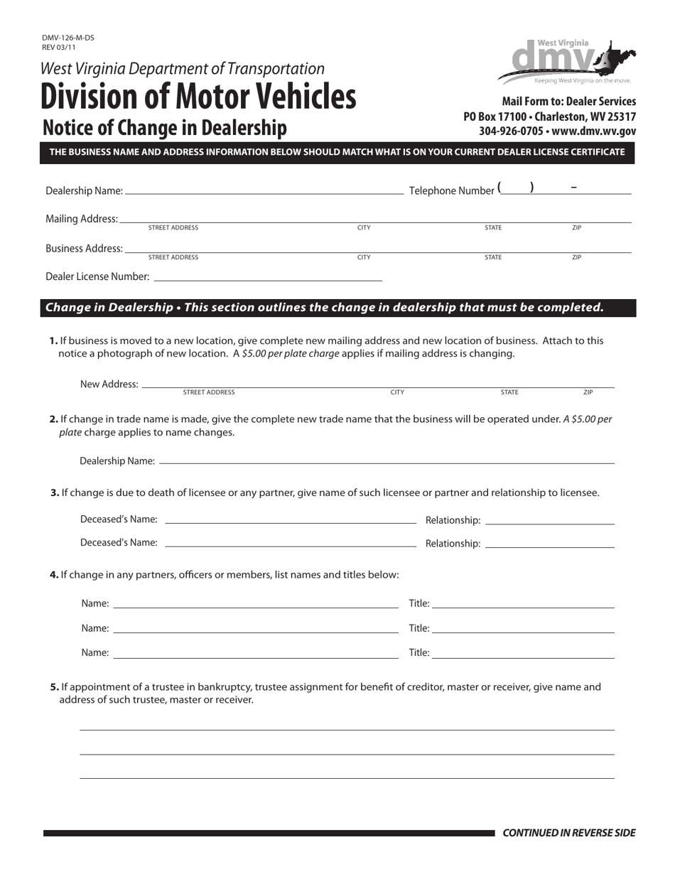 Form DMV-126-M-DS Notice of Change in Dealership - West Virginia, Page 1