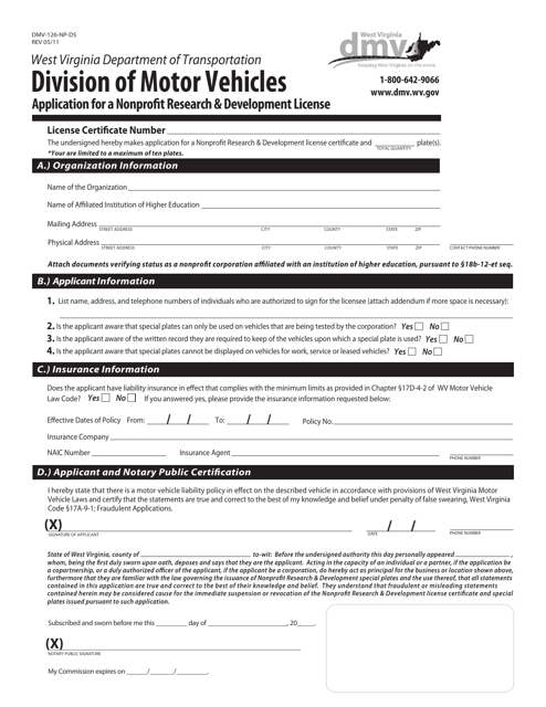 Form DMV-126-NP-DS Application for a Nonprofit Research and Development License - West Virginia