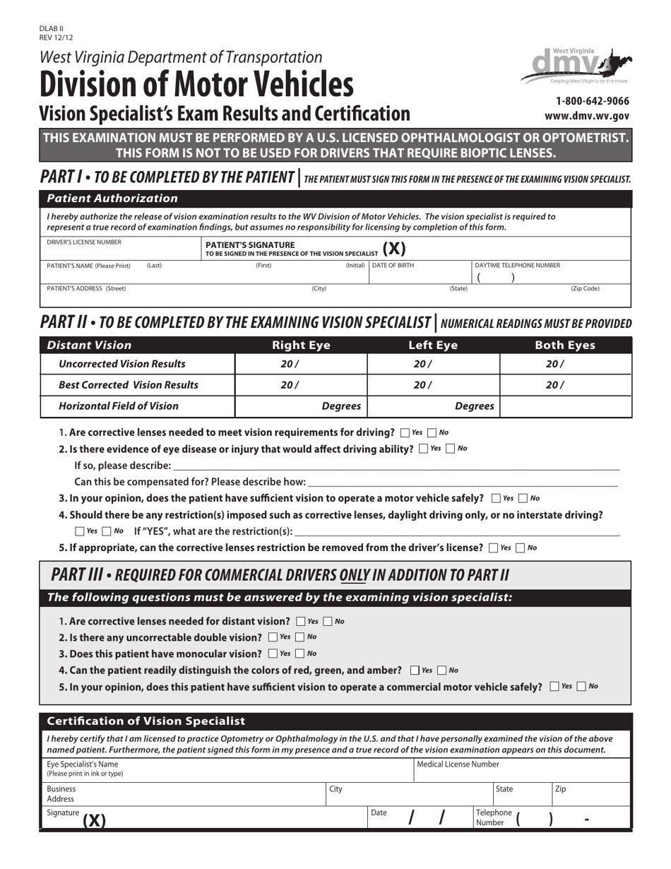 Form DLAB II Vision Specialists Exam Results and Certification - West Virginia, Page 1