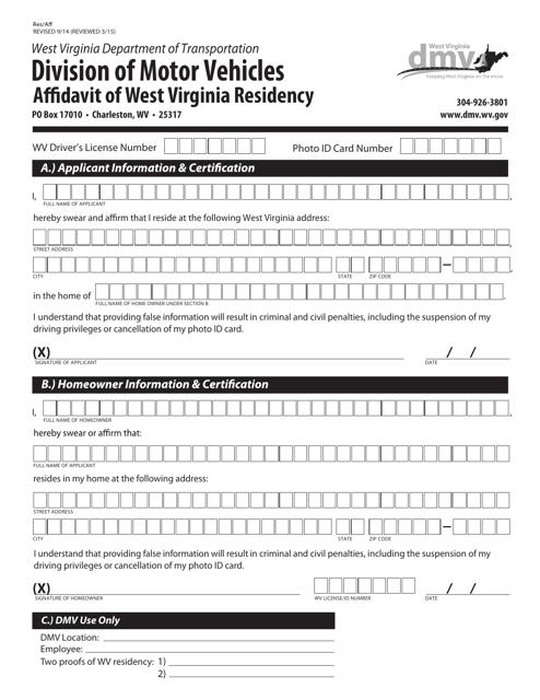 Form RES/AFF Affidavit of West Virginia Residency - West Virginia