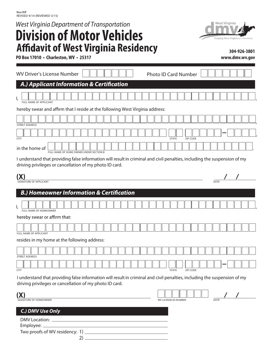 Form RES / AFF Affidavit of West Virginia Residency - West Virginia, Page 1