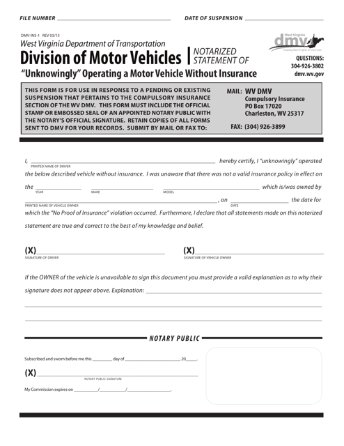 Form DMV-INS-1 Notarized Statement of "unknowingly" Operating a Motor Vehicle Without Insurance - West Virginia