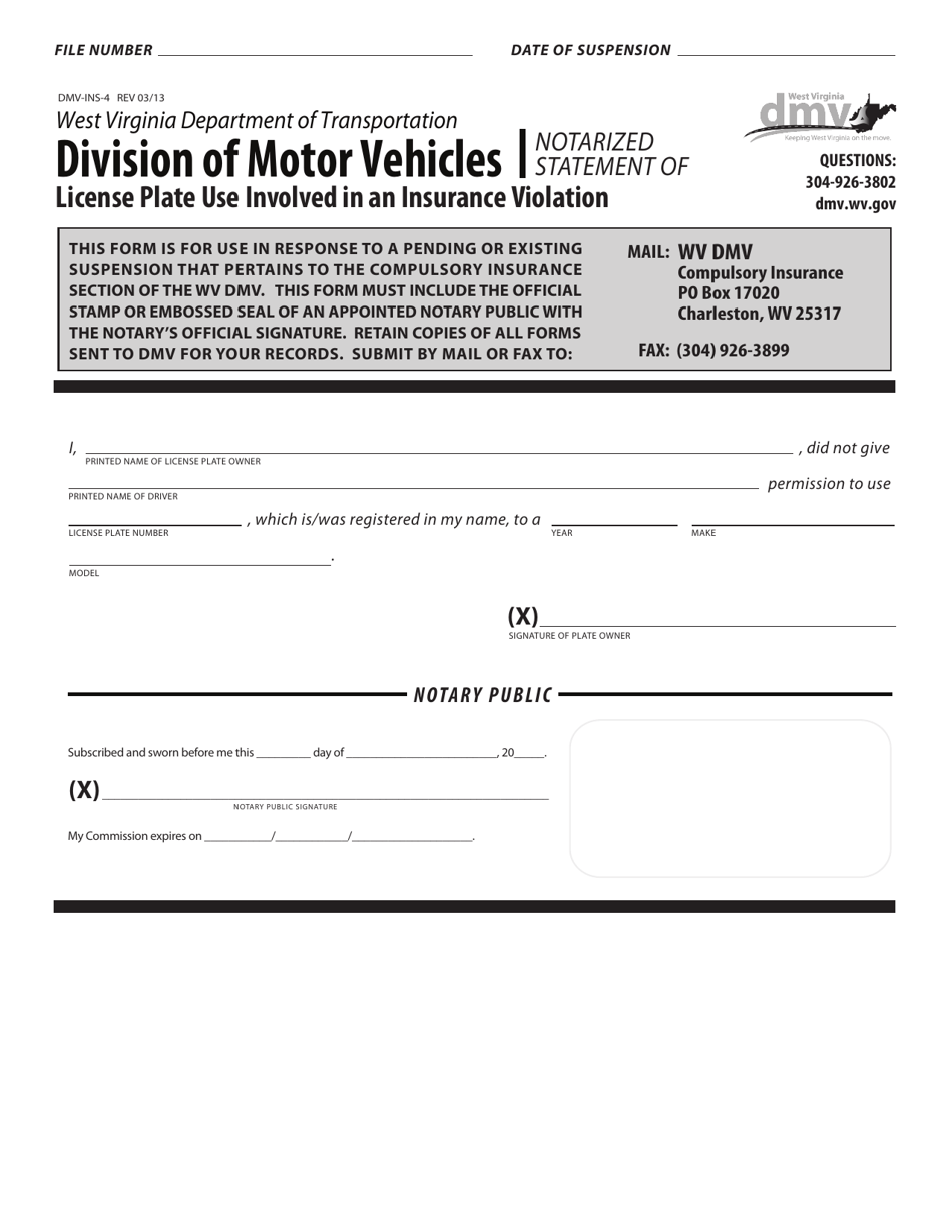 Form DMV-INS-4 Notarized Statement of License Plate Use Involved in an Insurance Violation - West Virginia, Page 1