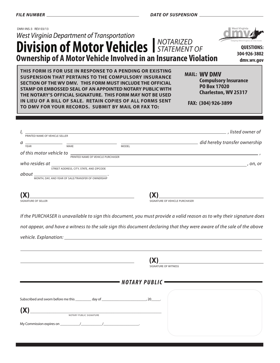 Form DMV-INS-3 Notarized Statement of Ownership of a Motor Vehicle Involved in an Insurance Violation - West Virginia, Page 1