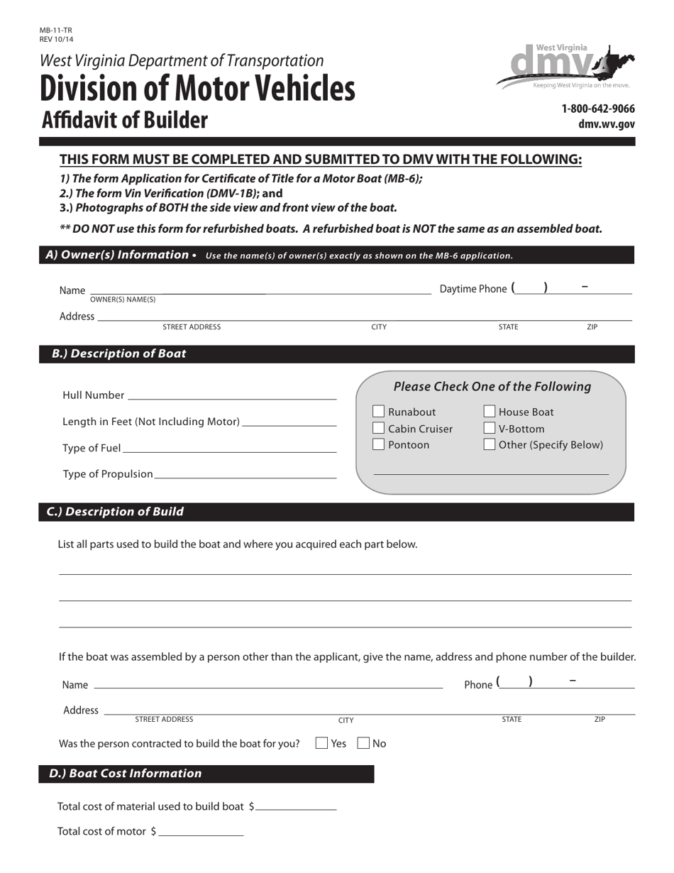 Form MB-11-TR Affidavit of Builder - West Virginia, Page 1