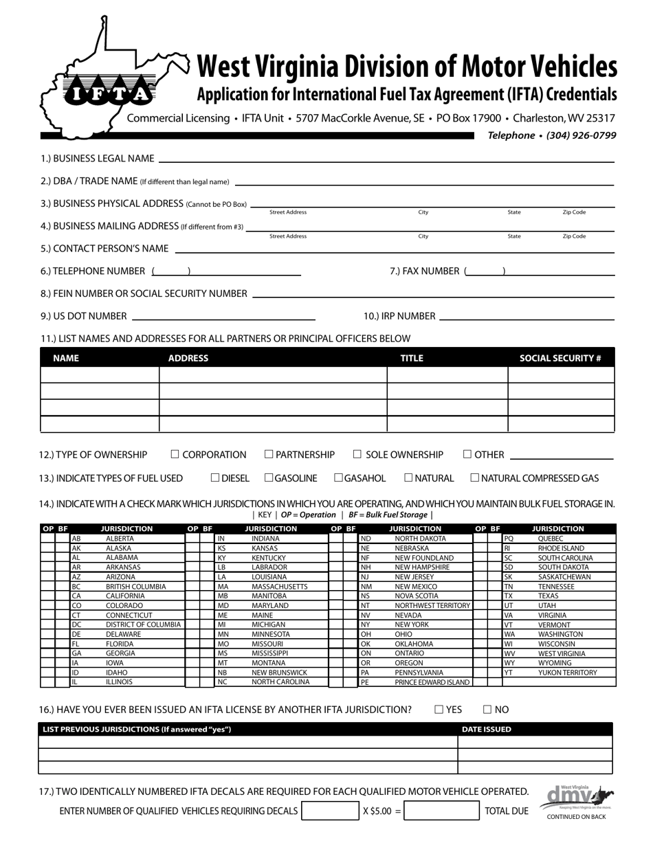 Application for International Fuel Tax Agreement (Ifta) Credentials - West Virginia, Page 1