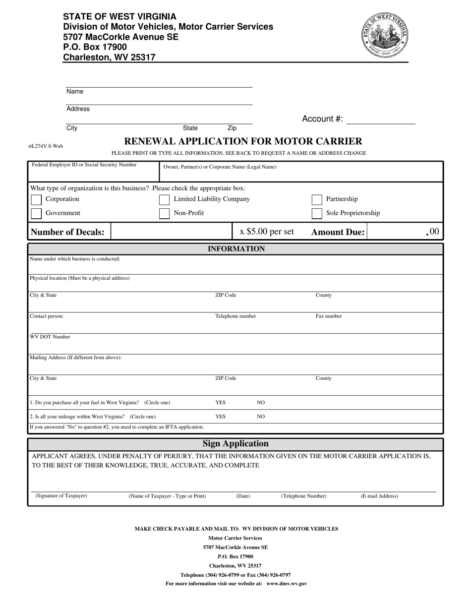 Renewal Application for Motor Carrier - West Virginia, Page 1