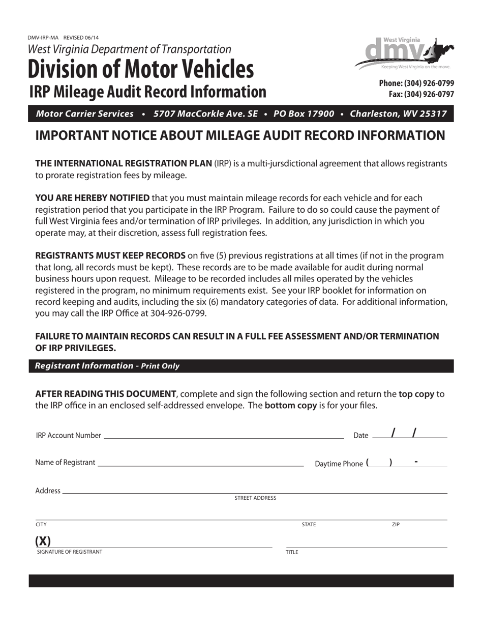 Form DMV-IRP-MA Irp Mileage Audit Record Information - West Virginia, Page 1