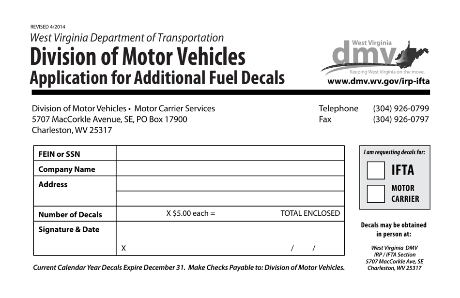Application for Additional Fuel Decals - West Virginia, Page 1