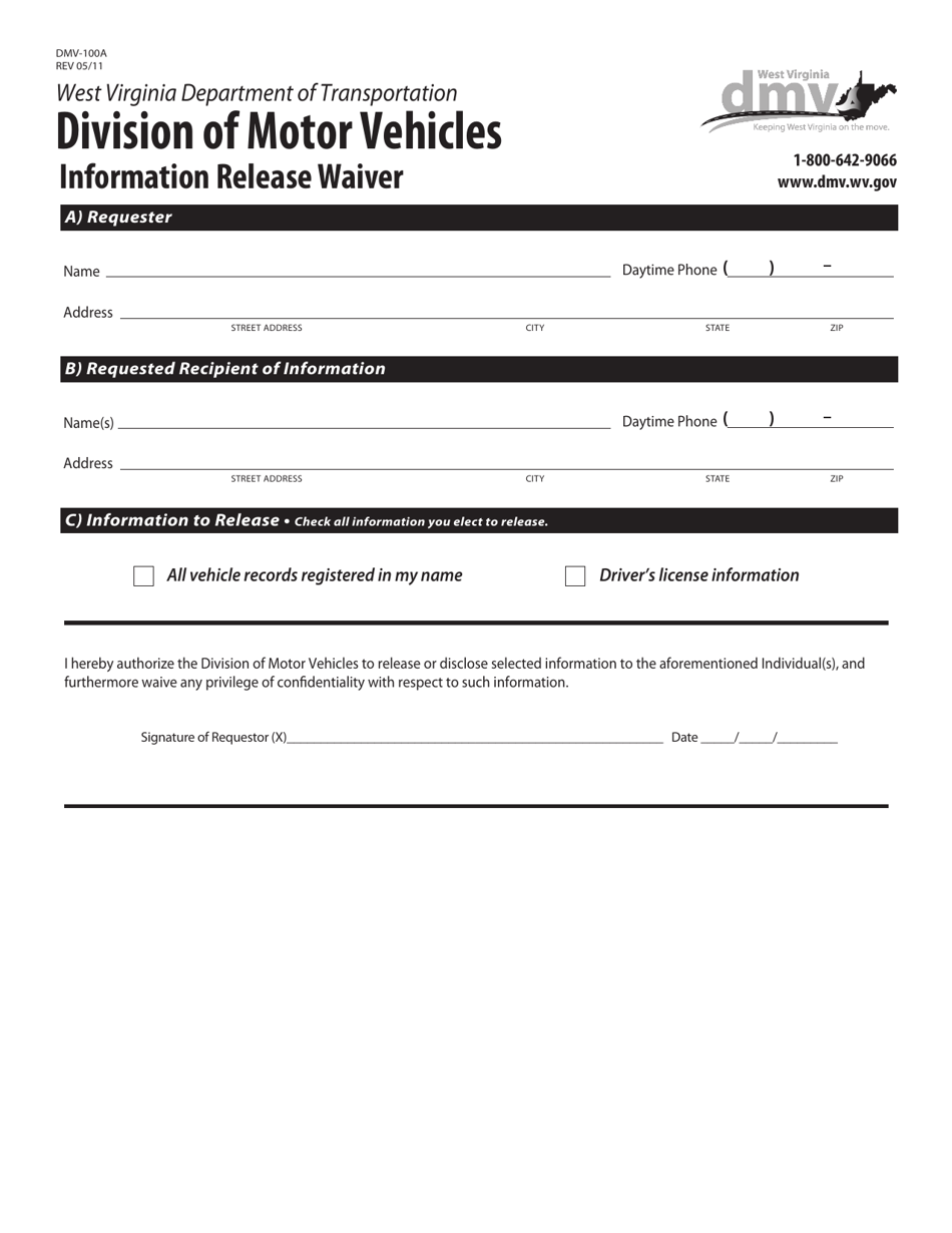 Form DMV-100A Information Release Waiver - West Virginia, Page 1