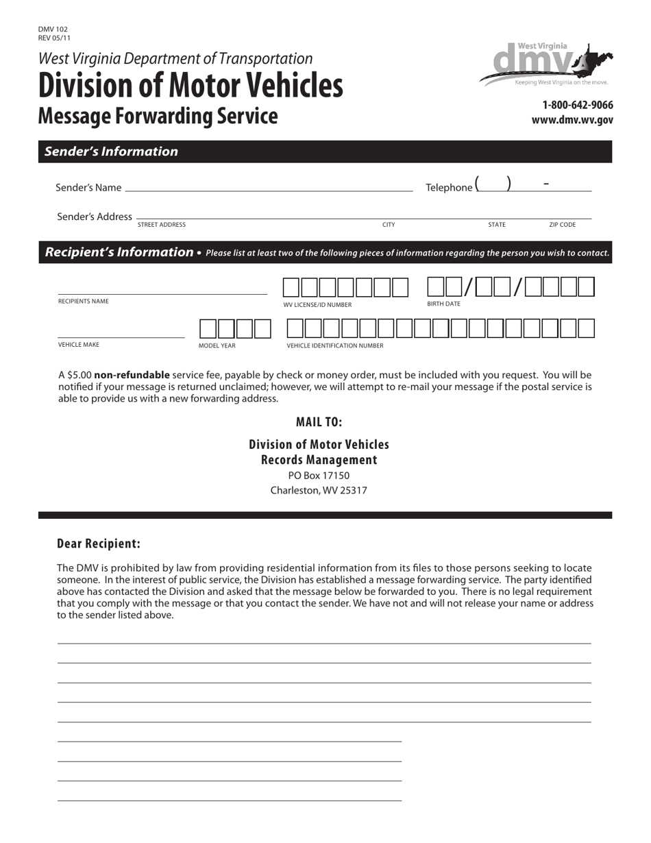 Form DMV102 Message Forwarding Service - West Virginia, Page 1