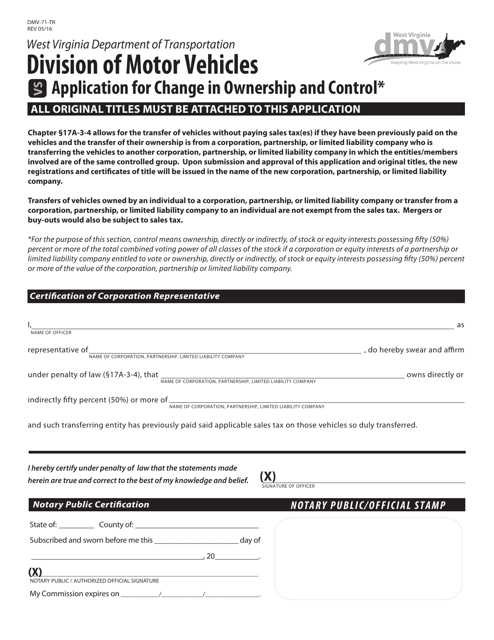Form DMV-71-TR Application for Change in Ownership and Control - West Virginia