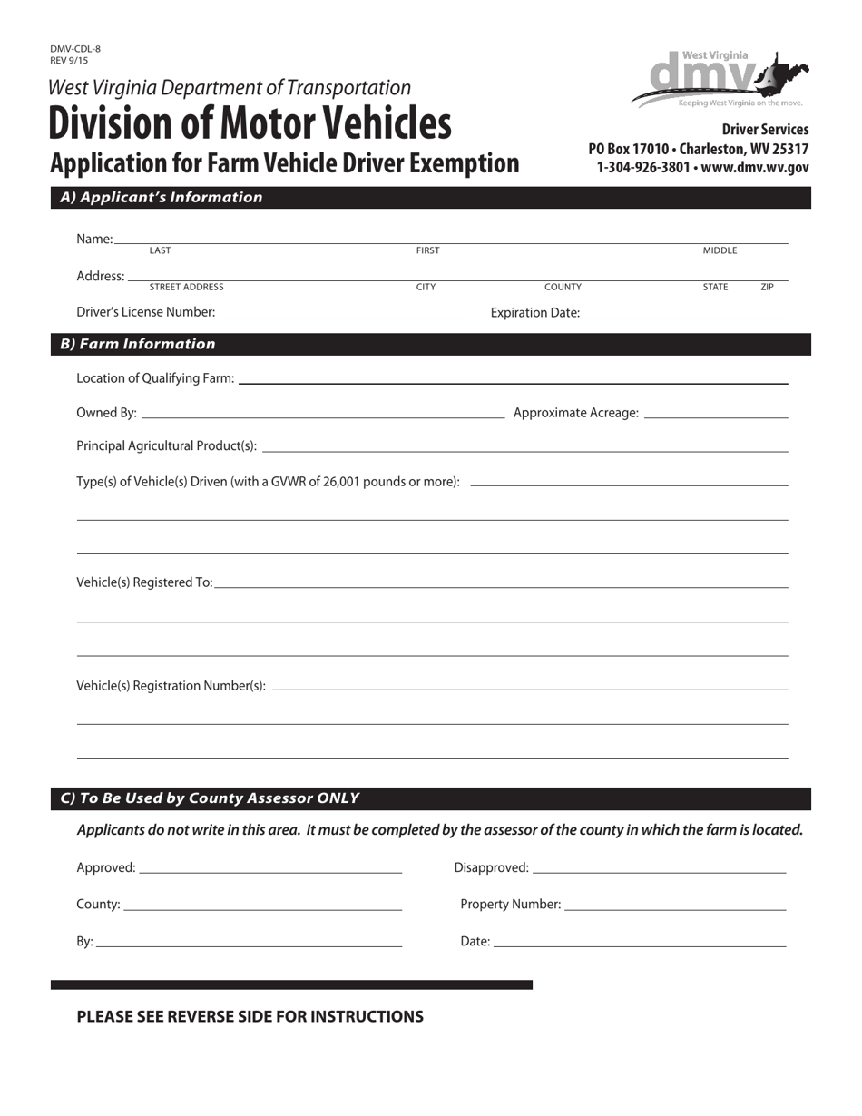 Form DMV-CDL-8 Application for Farm Vehicle Driver Exemption - West Virginia, Page 1