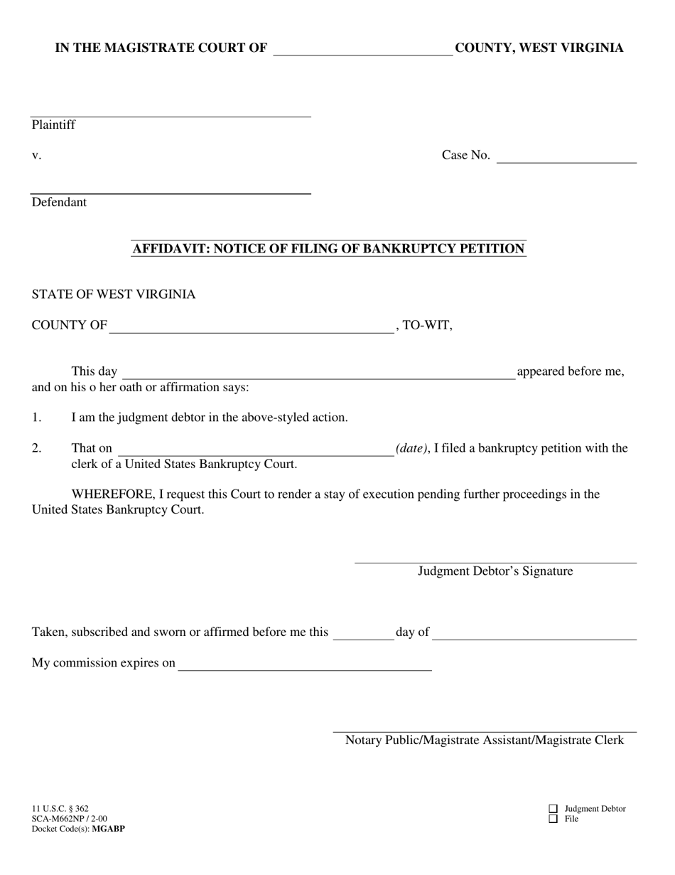 Form SCA-M662NP Affidavit: Notice of Filing Bankruptcy Petition - West Virginia, Page 1