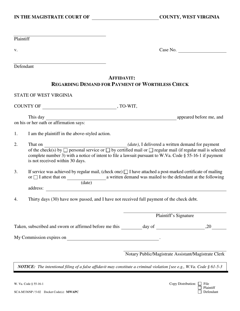 Form SCA-M336NP Affidavit Regarding Demand for Payment of Worthless Check - West Virginia, Page 1