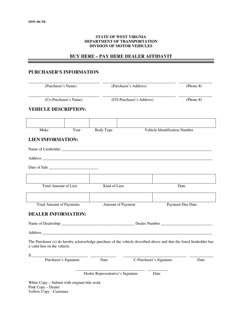 Form DMV-86-TR Buy Here - Pay Here Dealer Affidavit - West Virginia, Page 1