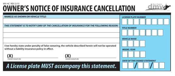Form WV-4C Owner's Notice of Insurance Cancellation - West Virginia