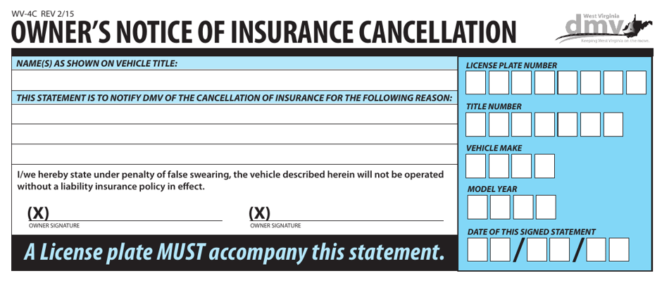 Form WV-4C Owners Notice of Insurance Cancellation - West Virginia, Page 1