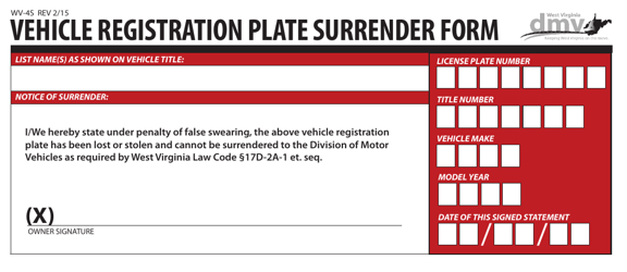 Form WV-4S Vehicle Registration Plate Surrender Form - West Virginia