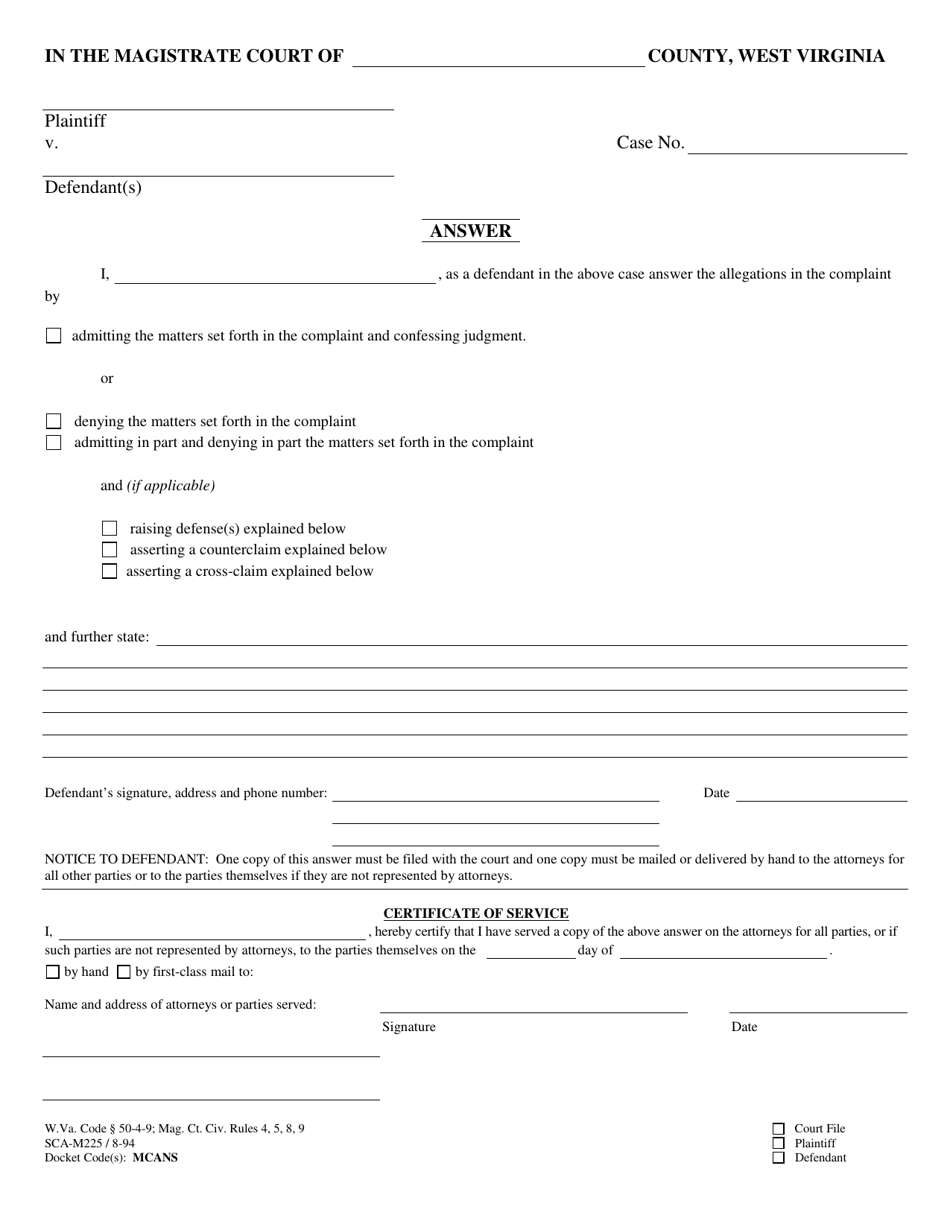 Form SCA-M225 Answer - West Virginia, Page 1