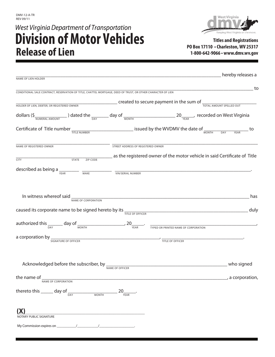 Form DMV-12-A-TR Release of Lien - West Virginia, Page 1