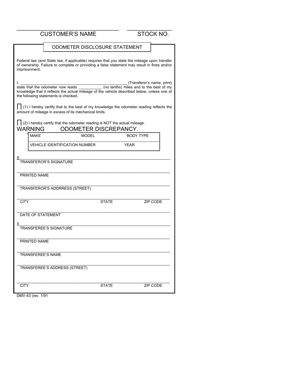Form DMV-43 Odometer Disclosure Statement - West Virginia, Page 1
