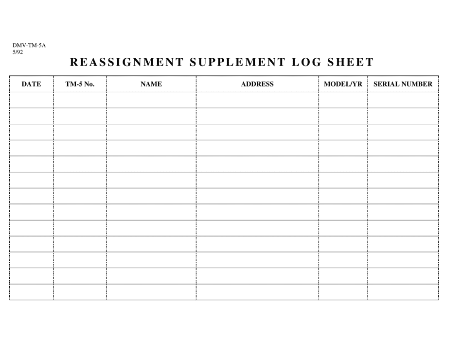 Form DMV-TM-5A Reassignment Supplement Log Sheet - West Virginia, Page 1