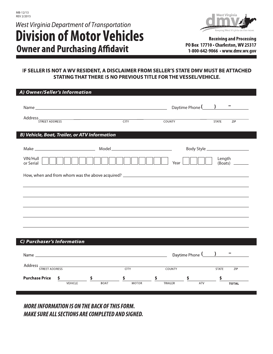 Form MB-12 / 13 Owner and Purchasing Affidavit - West Virginia, Page 1