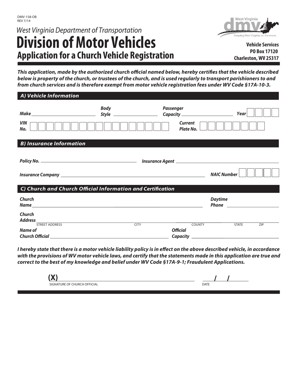 Form DMV-158-OB Application for a Church Vehicle Registration - West Virginia, Page 1