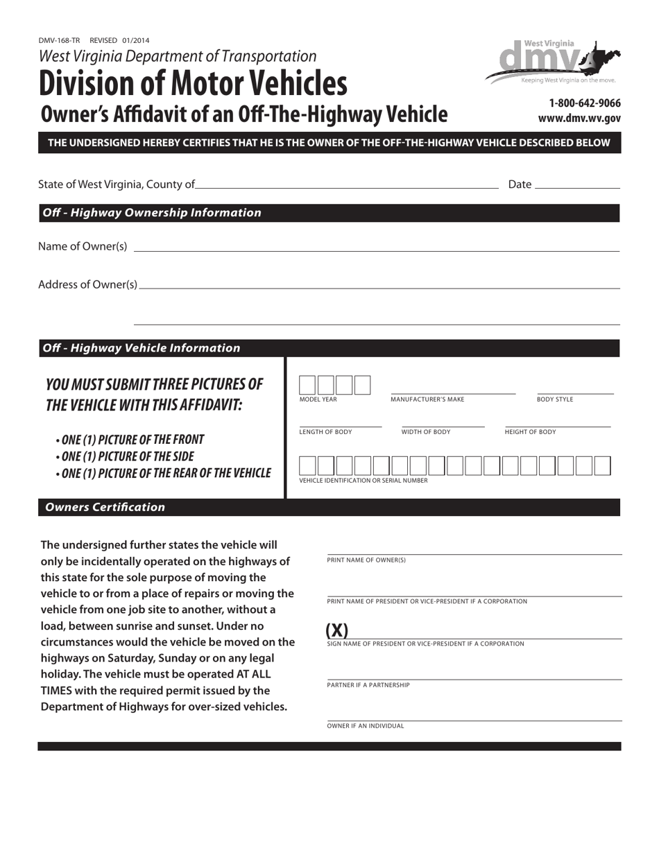 Form DMV-168-TR Owners Affidavit of an off-The-Highway Vehicle - West Virginia, Page 1