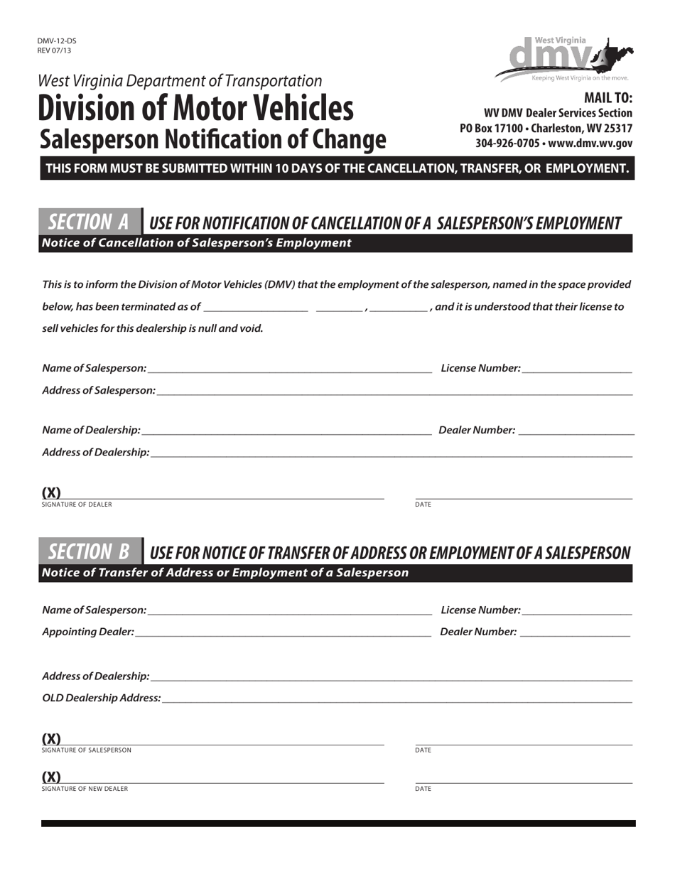 Form DMV-12-DS Salesperson Notification of Change - West Virginia, Page 1