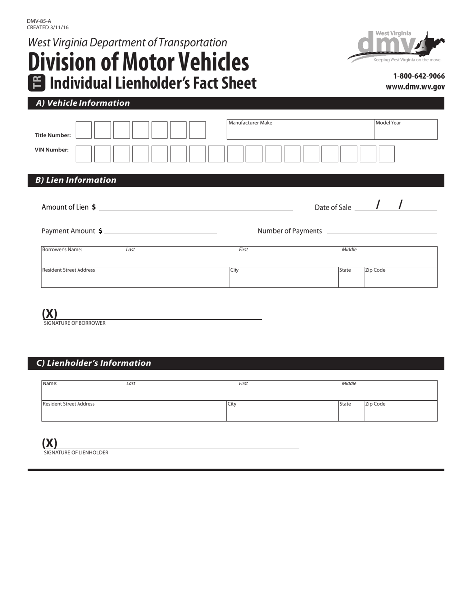 Form DMV-85-A Individual Lienholders Fact Sheet - West Virginia, Page 1