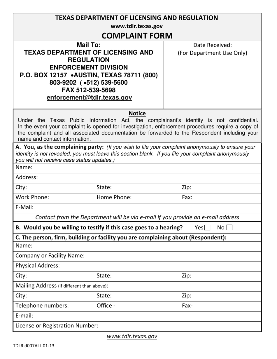 TDLR Form D007ALL Complaint Form - Texas, Page 1