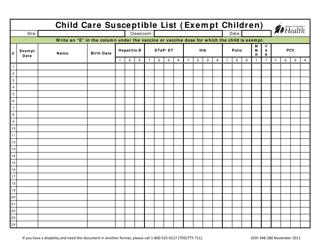 Document preview: DOH Form 348-280 Child Care Susceptible List (Exempt Children) - Washington