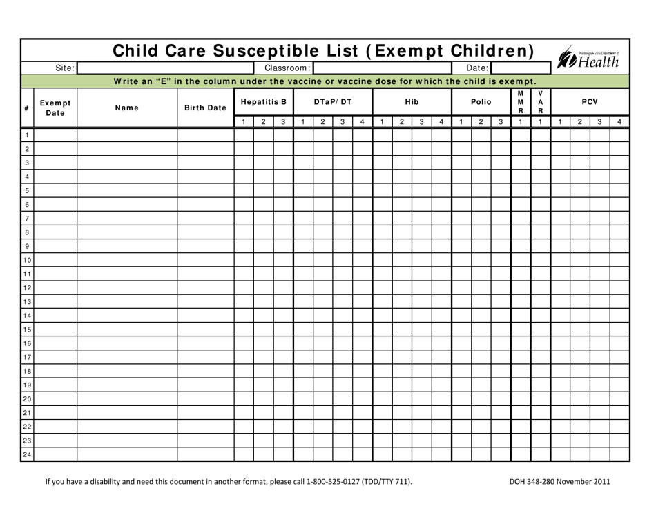 DOH Form 348-280 Child Care Susceptible List (Exempt Children) - Washington, Page 1