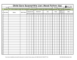 Document preview: DOH Form 348-281 Child Care Susceptible List (Need Follow-Up) - Washington