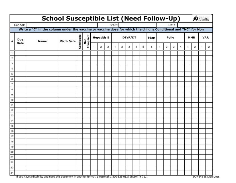 DOH Form 348-283 School Susceptible List (Need Follow-Up) - Washington