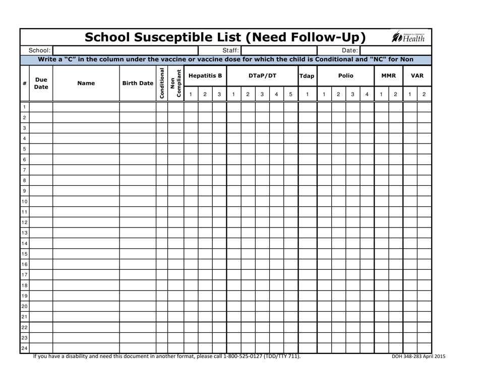 DOH Form 348-283 School Susceptible List (Need Follow-Up) - Washington, Page 1