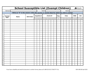 Document preview: DOH Form 348-282 School Susceptible List (Exempt Children) - Washington