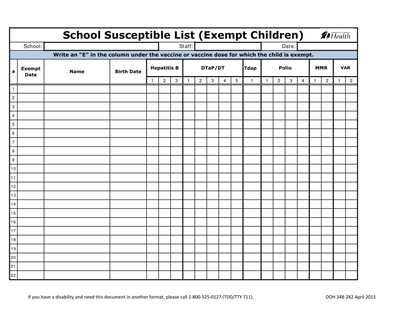 DOH Form 348-282 School Susceptible List (Exempt Children) - Washington