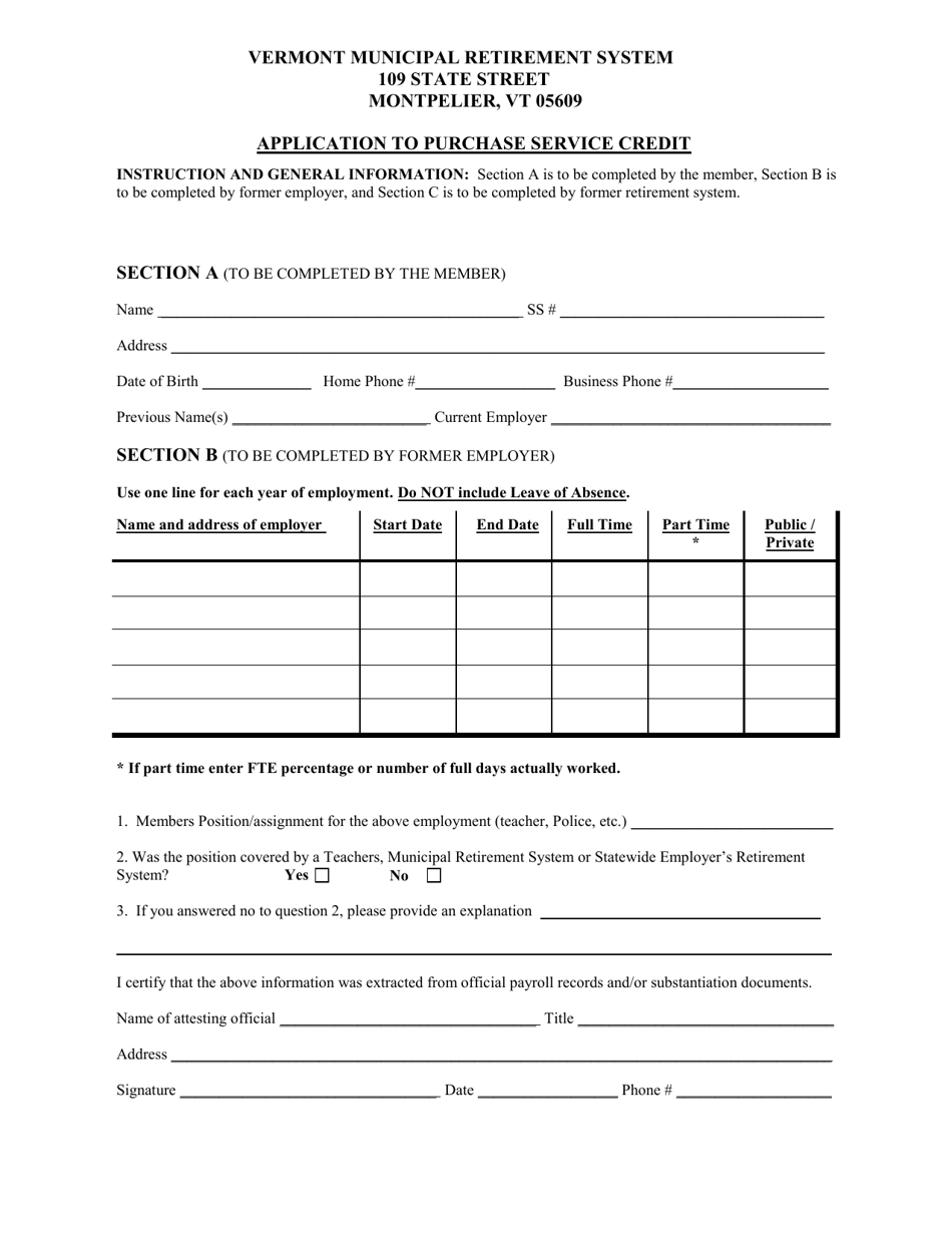 Application to Purchase Service Credit - Vermont, Page 1